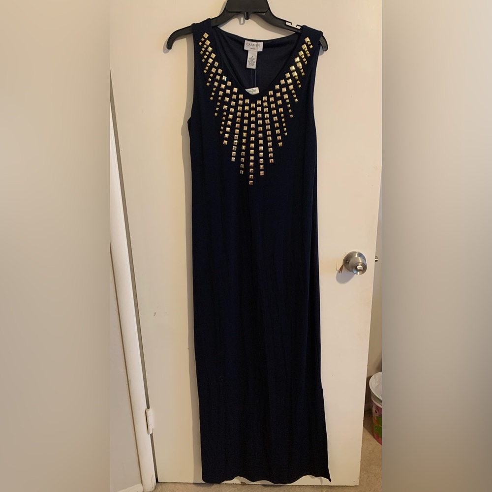 Carmen Marc Valvo Dark Blue Dress with Gold Gems NEW